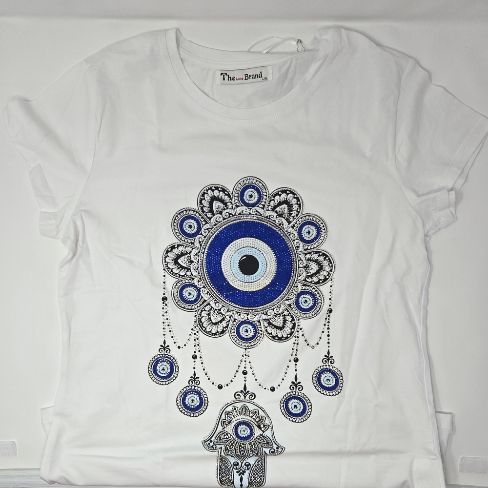 White T-Shirt with Blue Evil Eye Design With Rhinestones